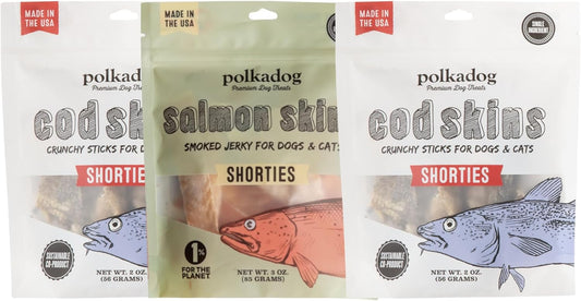 Polkadog Fish Skin Shorties Variety 3-Pack – Includes 2x Cod and 1x Salmon. All-Natural Dog Treats, Made in USA, Single Ingredient, Omega-3 Rich, Grain-Free & Hypoallergenic Jerky for All Breeds