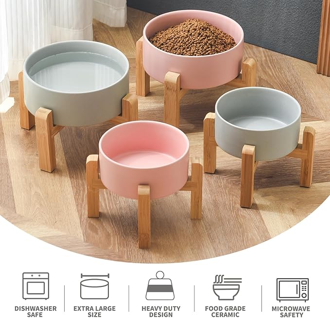 6'' Ceramic Raised Dog Bowl - 30Oz Dog Food & Water Bowl with Elevated Non-Slip Bamboo Stand, Dishwasher & Microwave Safe, Anti Vomiting Heavy Duty Pet Bowl for Small and Medium Dogs, Pink