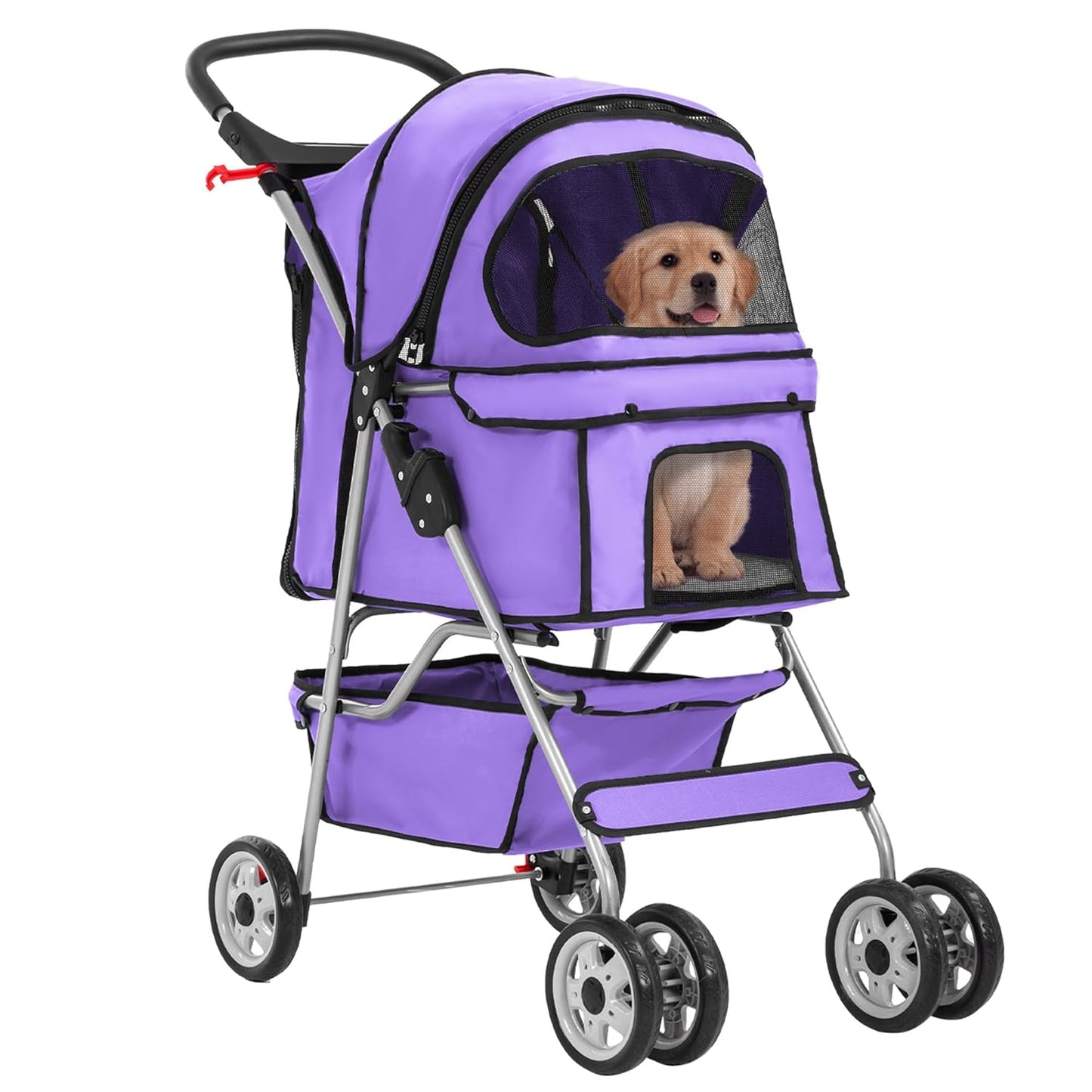 FDW Pet Stroller 4-Wheel Dog Cat Stroller Travel Folding Carrier Puppy Stroller with Cup Holder and Removable Liner for Small Medium Dogs Cats, Purple