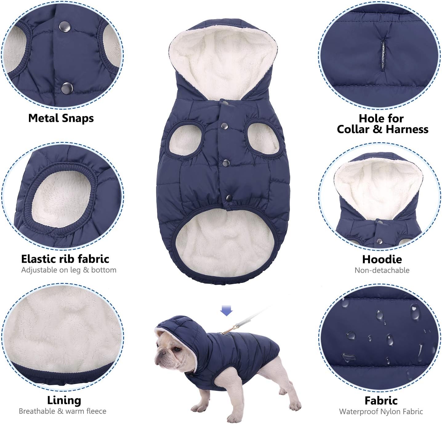 Fleece Hoodie, Windproof Waterproof Coat, Winter Warm Jacket, Cold Weather Pet Apparel Clothes Vest for Small Medium Large Dogs (3XL, Blue)