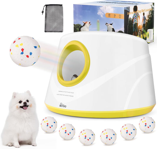 HETOO Automatic Ball Launcher for Dogs: Ball Launcher for Dogs - Automatic Tennis Ball Thrower for Dogs, with 6 Balls- Interactive Dog Toys - Small/Medium Sized Launcher- Yellow