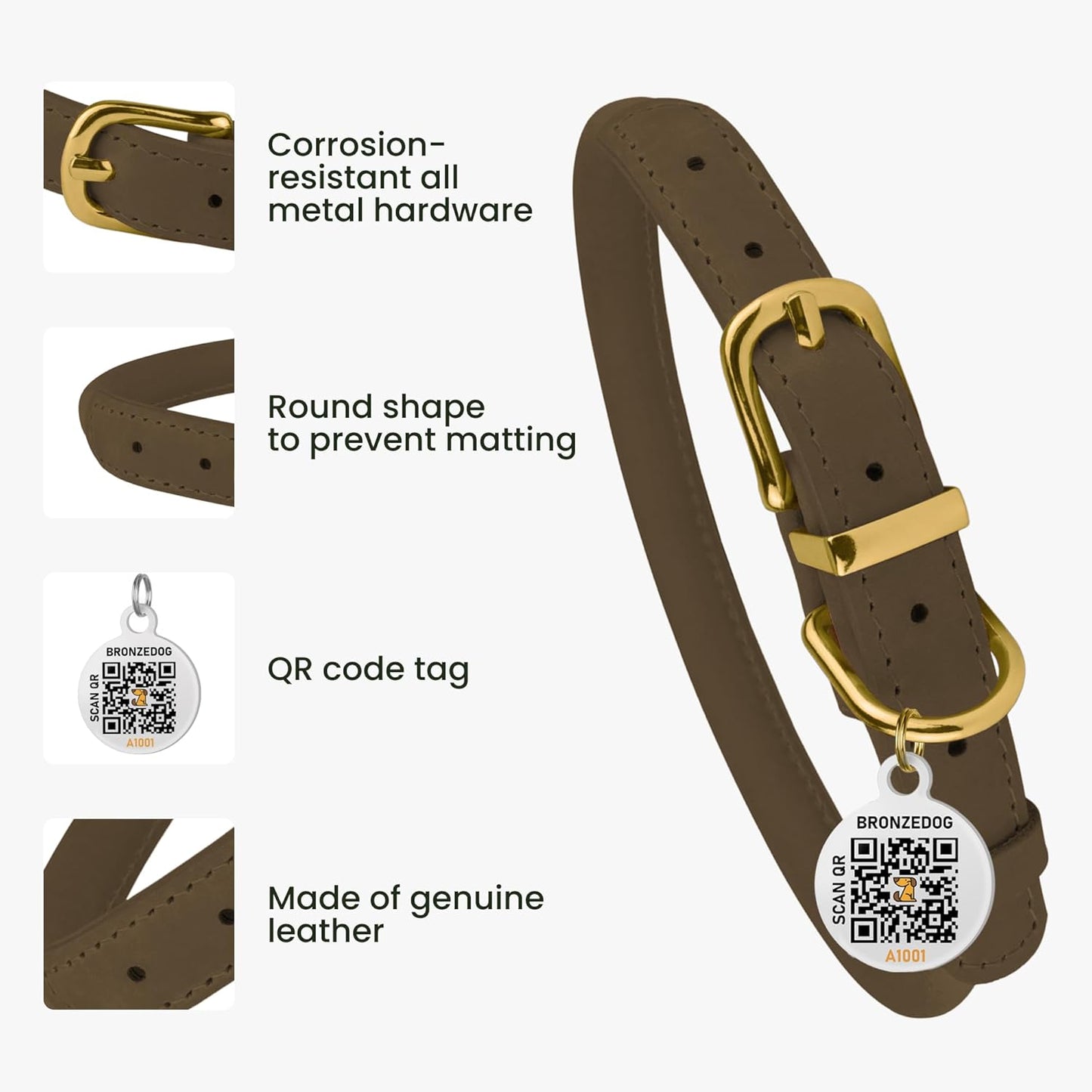 BronzeDog Rolled Leather Dog Collar with QR ID Tag, Adjustable Soft Round Collars for Small Medium Large Dogs Puppy (9" - 11" Neck Size, Nut Brown)