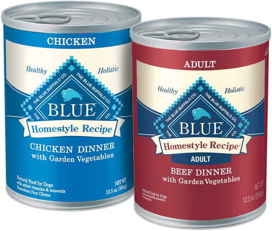 Blue Buffalo Homestyle Recipe Natural Adult Wet Dog Food Variety Pack, Chicken & Beef 12.5-oz Can (24 Count- 12 of Each Flavor)