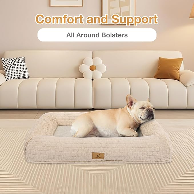 Plush Orthopedic Dog Bed for Medium Large Dogs, Memory Foam Bolster Sofa Bed with Removable Washable Cover, Waterproof Lining & Non-Slip Bottom (Tan-M)