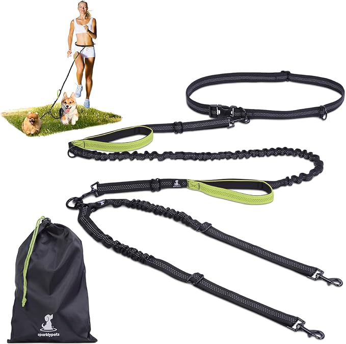 SparklyPets - Hands Free Double Dog Leash - Dual Dog Leash for 2 Small Dogs - with Padded Handles, Reflective Stitches - No Pull, Tangle Free, for Walking, Hiking, Canicross - for Small Dogs