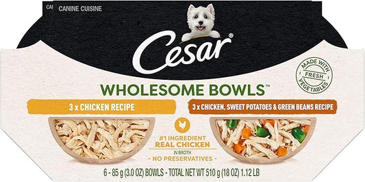 Cesar Wholesome Bowls Adult Wet Dog Food, Chicken Recipe and Chicken, Sweet Potatoes & Green Beans Recipe Variety Pack, 3 oz. (6 Count, Pack of 1)