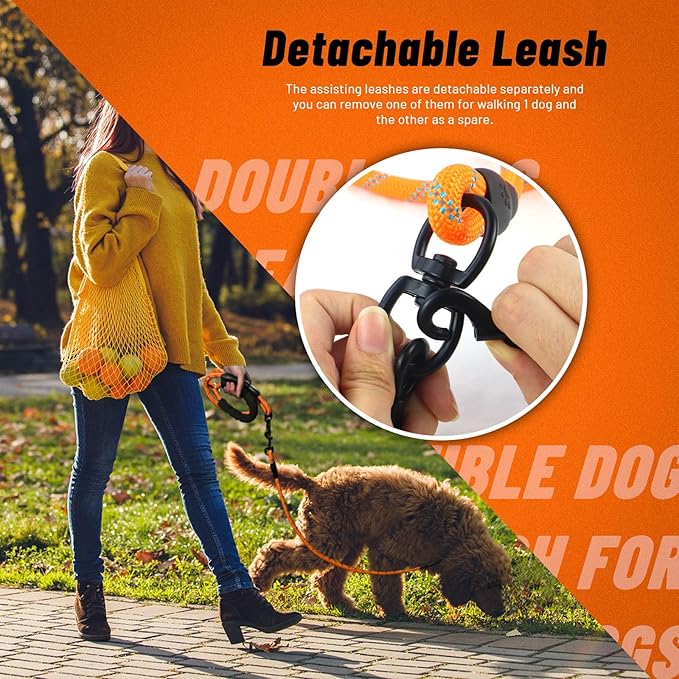 Double Dog Leash for Two Dogs, Heavy Duty Reflective Double Leashes for 2 Dogs, 360° Swivel Dual Dog Leash Tangle Free Large Dogs & Medium Dogs, with 2Pcs Dog Poop Bag Holder, Orange