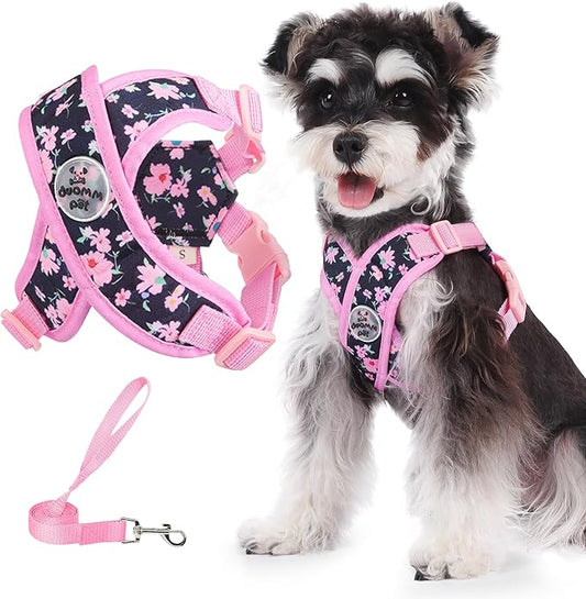 Patas Lague Dog Harness with Leash Set Adjustable Soft Padded Step-in Dog Vest No Choke No Pull Reflective for Medium Pets with Poop Bags and Dispenser, Solid and No-chew, Floral Pink L