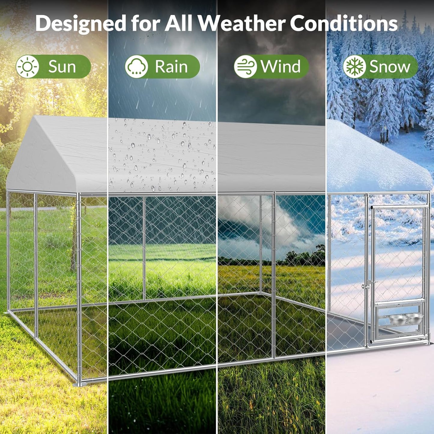 Rovibek 10x10 Ft Dog Kennel Outside, Outdoor Dog Kennel with Roof, Dog Kennels Outdoor with Steel Rotating Feeder Bowls, Outside Kennel for Large Dogs