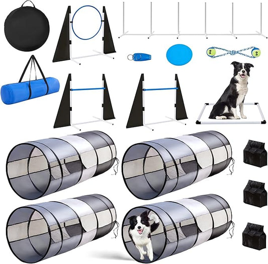 Dog Agility Training Equipment,Course Backyard Set Training Equipment for Dogs Pet Outdoor Game with Grey and Black Tunnel, Agility Hurdle, Poles, Jump Ring, Pause Box, Toy Balls and Storage Bag