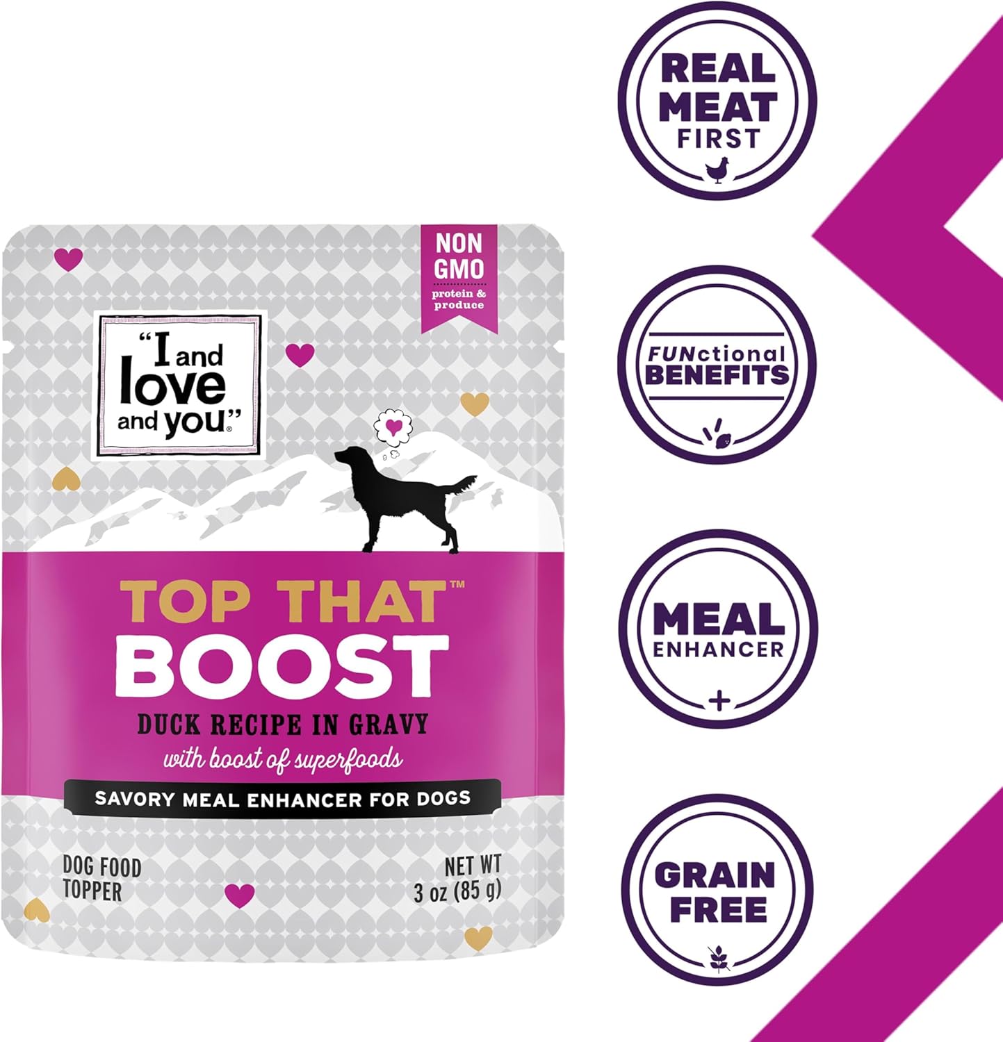 "I and love and you" Top That Boost Wet Dog Food Pouch, Duck Recipe In Gravy, 3 oz (Pack of 12)