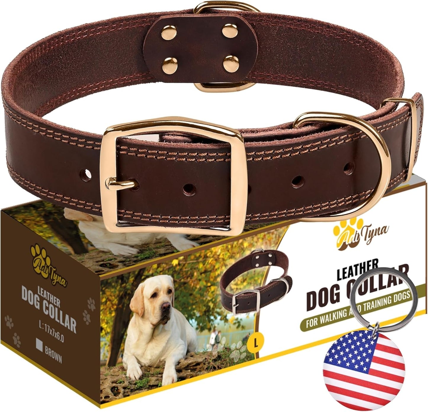ADITYNA Heavy Duty Leather Dog Collar - Soft and Strong Leather Collar for Large Breeds (Large: Fit 17" - 23" Neck, Brown - Gold Colored Buckle)