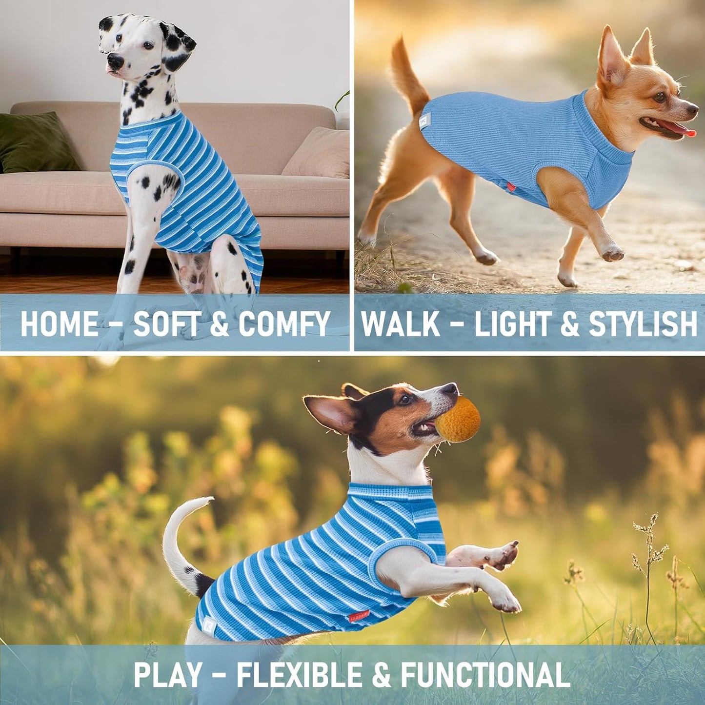 KYEESE 2Pack Waffle Dog Shirts for Large Dogs Stretchy T-Shirts Lightweight Tank Top Sleeveless Striped Shirt Vest Soft Breathable Pet Apparel, XXX-Large, Blue+Striped