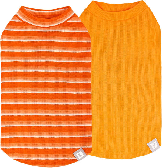 KYEESE 2Pack Waffle Dog Shirts for Small Dogs Stretchy T-Shirts Lightweight Tank Top Sleeveless Striped Shirt Vest Breathable Cat Shirt, Medium, Orange+Striped