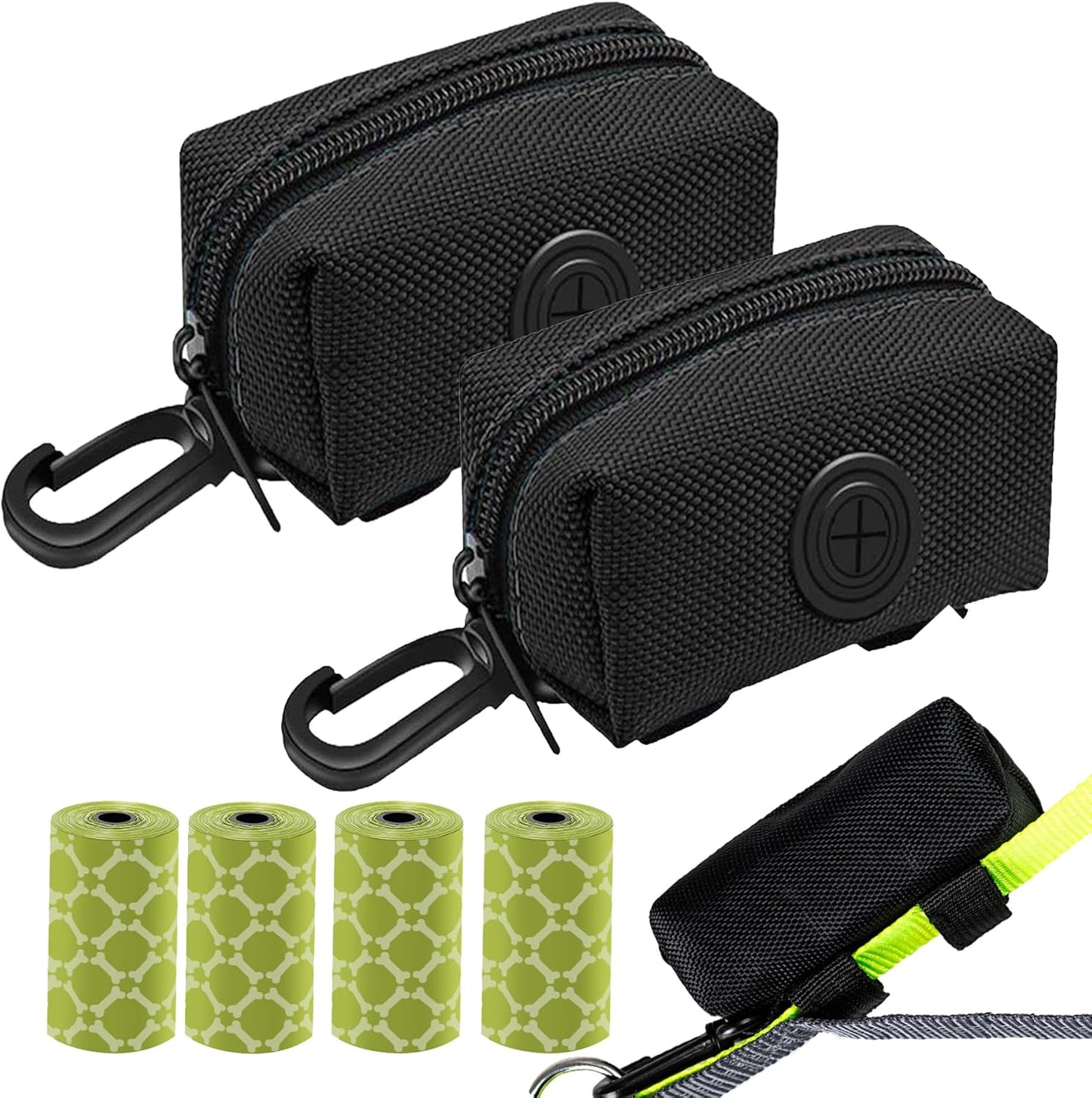 (2 Pack) Dog Poop Bag Holder, Poop Bag Holders for Leashes, CAKOVANO Doggie Waste Bag Dispenser Small Doggy Poop Bag Zipper Pouch with Carabiner Clip with 4 Rolls of Pet Trash Bags, Black