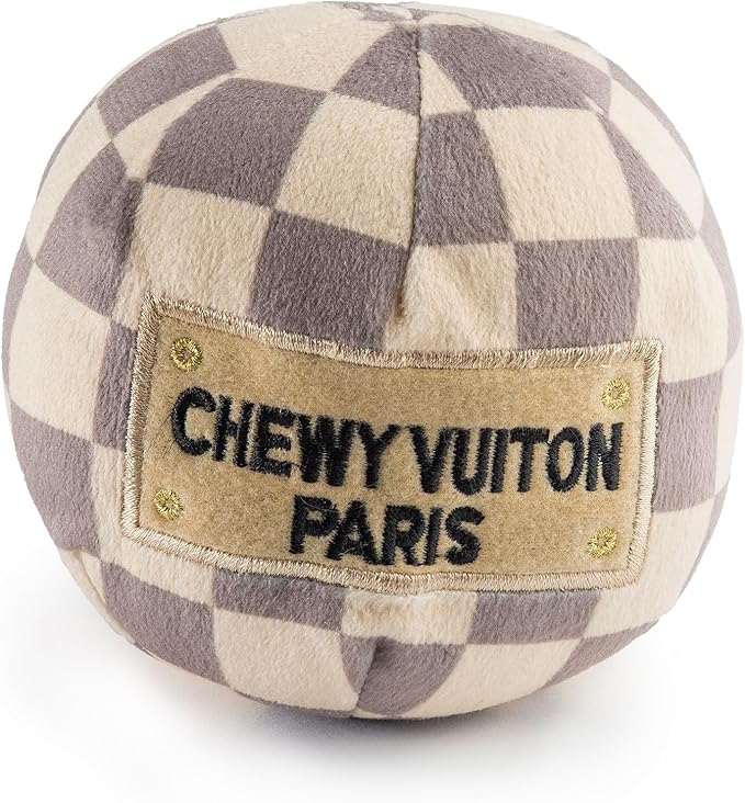 Haute Diggity Dog Checker Chewy Vuiton Ball, Plush Designer Dog Toys with Interactive Squeaker, Stimulating Pet Enrichment, Machine-Washable & Safe Materials for All Breeds, Size Large