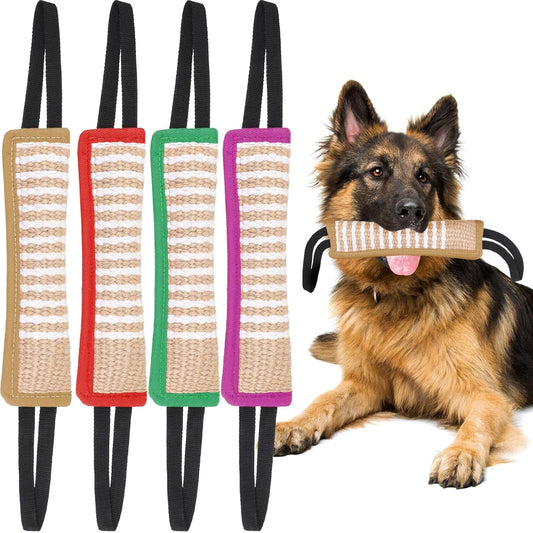 Kacctyen 4 Pcs Dog Tug Toys, Jute Pillow Pull Toy with 2 Strong Handles Tug of War Interactive Play Puppy Training Equipment for Medium to Large Dogs, 4 Colors(Stylish Color)