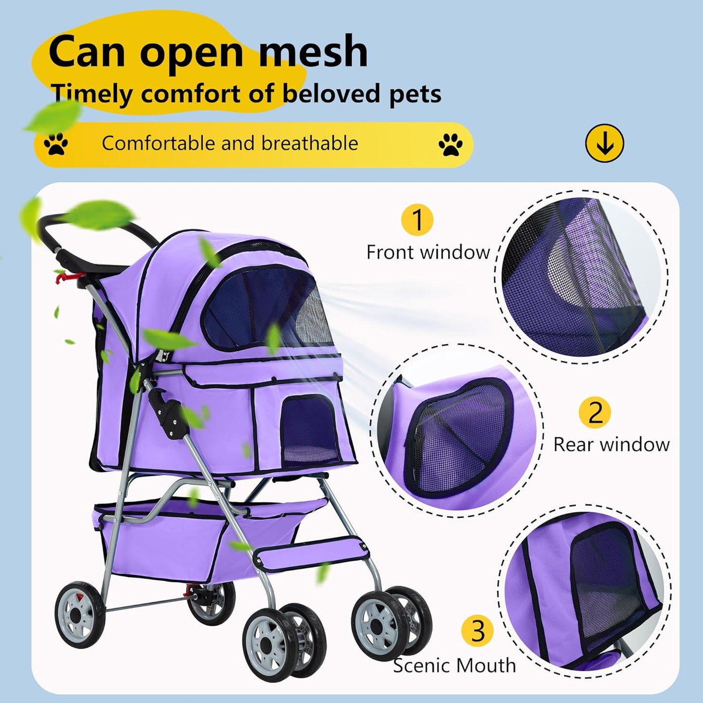 FDW Pet Stroller 4-Wheel Dog Cat Stroller Travel Folding Carrier Puppy Stroller with Cup Holder and Removable Liner for Small Medium Dogs Cats, Purple