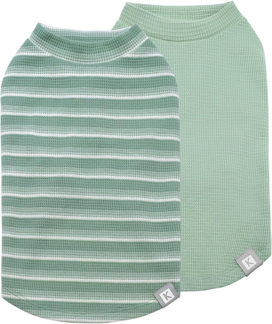 KYEESE 2Pack Waffle Dog Shirts for Small Dogs Stretchy Dog T-Shirts Lightweight Pet Tank Top Sleeveless Striped Pet Shirt Vest Breathable Cat Shirt, Small, Green+Striped