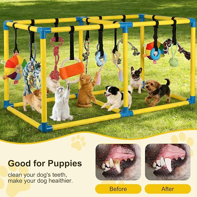 Upgraded Puppy Play Gym with 14 Hanging Toys -Small Dogs Indoor Jungle Gym-Adjustable PVC Frame, Teething & with Mental Stimulation