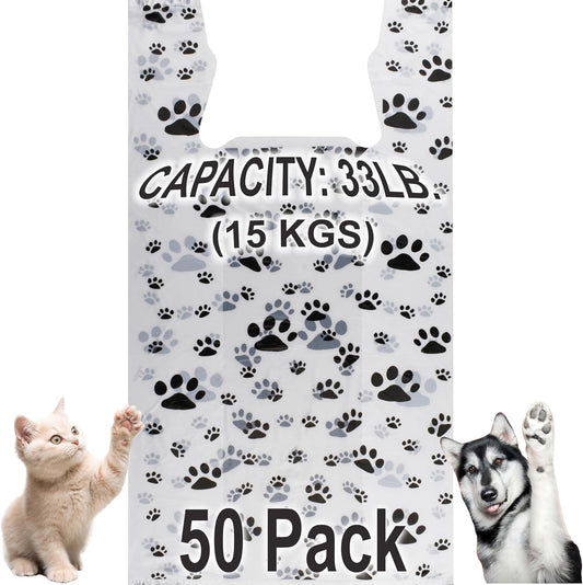 T-Shirt Bags – Paw Print Design - 50 Pack - Thank You & Shopping Bags - Cat or Dog - 22" L x 12" W x 7" Plastic (White, 50)
