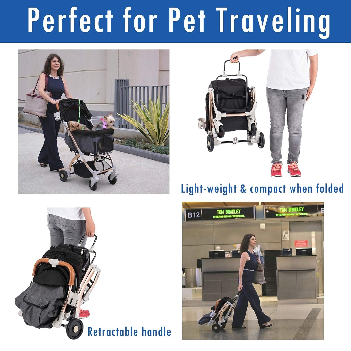 HPZ Pet Rover Lite Premium Light-Weight Dog/Cat/Pet Stroller Travel Carriage with Convertible Compartment/Zipper-Less Entry/1-Hand Quick Fold/Aluminum Frame for Small & Medium Pets (Black 2nd-Gen.)