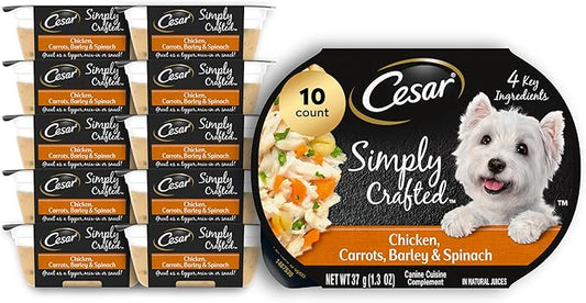 Cesar Simply Crafted Adult Wet Dog Food Meal Topper, Chicken, Carrots, Barley & Spinach, 1.3oz. (10 Count, Pack of 1)