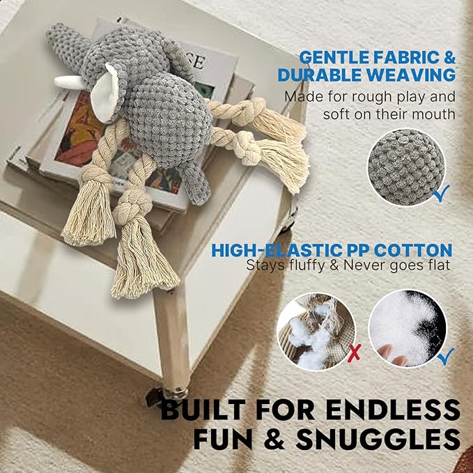 Squeaky Dog Teething Interactive Chew Toy Chewer Stuffed Toys with Squeaker for Small Medium Breed Tough Durable Funny Pet Supplies Ideal Puppy Cats Gifts - Elephant, Medium