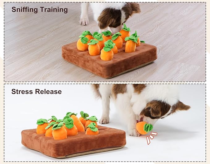 Interactive Dog Toys，Squeak Carrot Snuffle Mat for Dogs Plush Puzzle Toys 2 in 1 Non-Slip Nosework Feed Games for Pet Stress Relief with 12 Carrots…