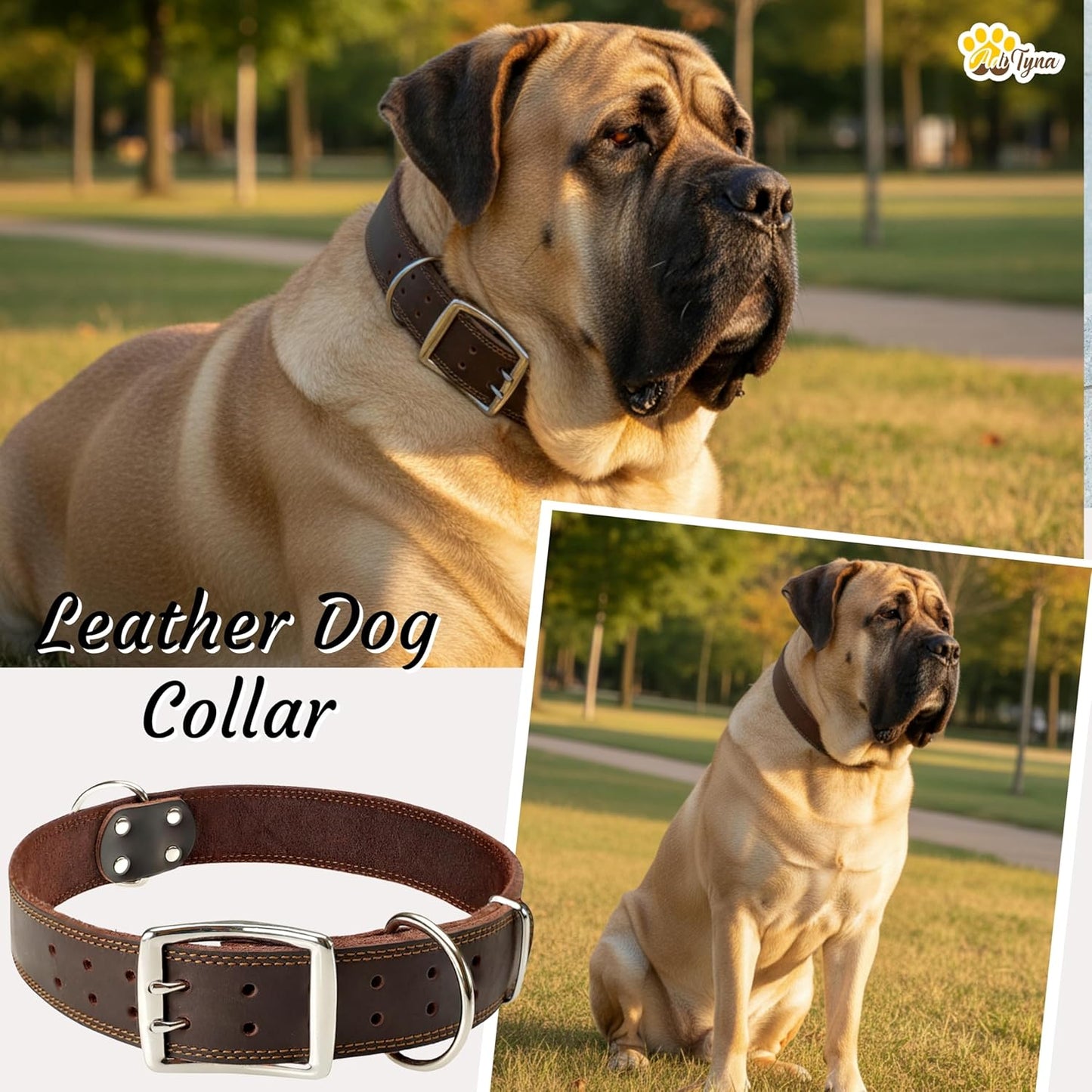ADITYNA Big Leather Dog Collar - XXL Dog Collar for Giant Breeds Such as Mastiff (Giant: Fit 30" - 36" Neck, Brown)