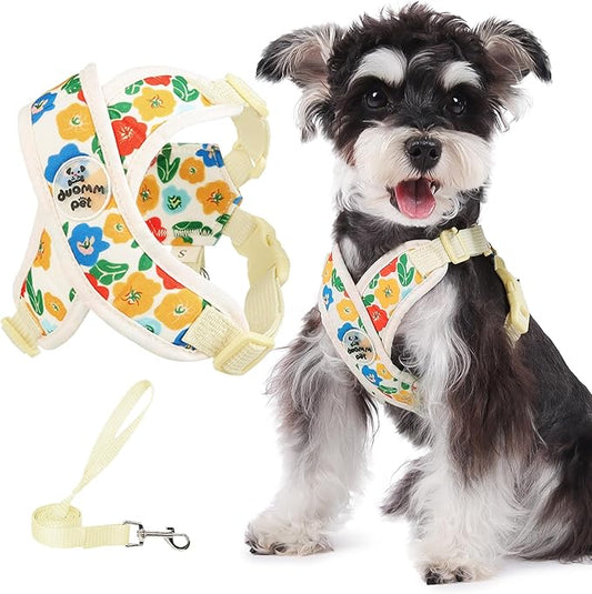 Patas Lague Dog Harness with Leash Set Adjustable Soft Padded Step-in Dog Vest No Choke No Pull Reflective for Small Medium Pets with Poop Bags and Dispenser, Solid and No-chew, Floral Yellow M