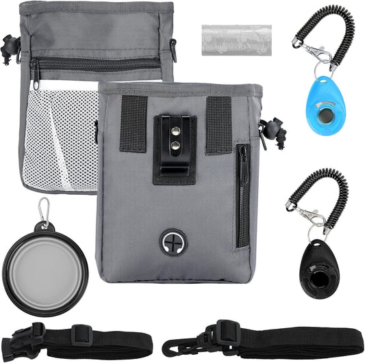 Dog Treat Pouch, 3 Ways to Wear Treat Pouches for Pet Training, Dog Training Treat Pouch with Waist Belt Shoulder Strap, Poop Bag, Collapsible Bowl, Dog Training Clicker