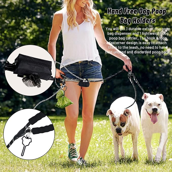 Double Dog Leash for Two Dogs, Heavy Duty Reflective Double Leashes for 2 Dogs, 360° Swivel Dual Dog Leash Tangle Free Large Dogs & Medium Dogs, with 2Pcs Dog Poop Bag Holder, Black