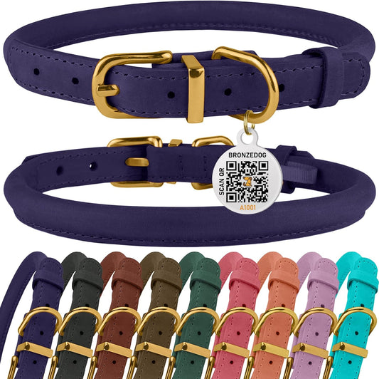 BronzeDog Rolled Leather Dog Collar with QR ID Tag, Adjustable Soft Round Collars for Small Medium Large Dogs Puppy (7" - 10" Neck Size, Violet)