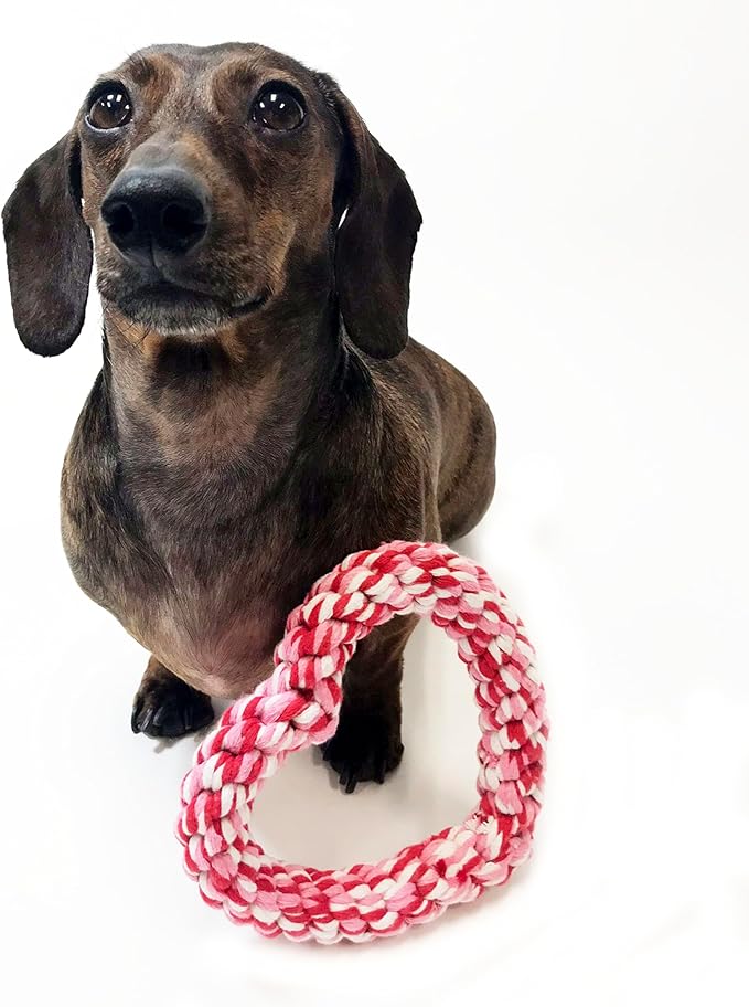Midlee Valentine's Heart Rope Dog Toy (6" x 6")- Pink, Red, White Cotton Chew Gift