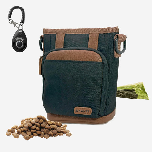 BEAU&FUR Small Dog Treat Pouch with Clicker for Training – 2 Cup Capacity, Built-In Poop Bag Dispenser, Storage for Snacks & Toys - Hands-Free Pouch Snack Holder for Walking and Training – Black Brown