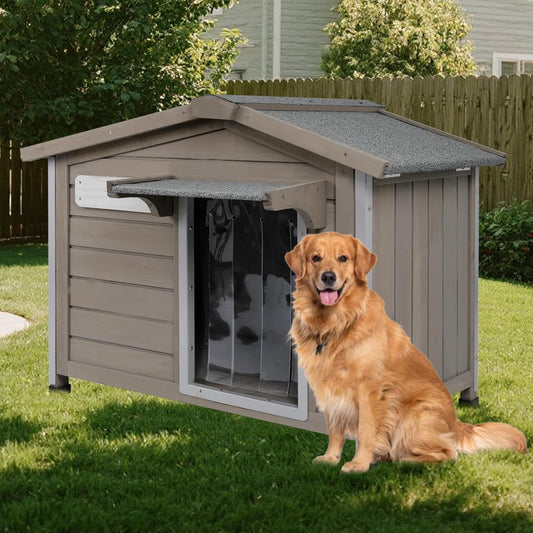 30''L Dog House Outdoor Indoor, Wooden Dog Houses with Waterproof Roof, Door Curtain, Anti-Chewing Frame, Elevated Doghouse Shelter Bed Kennel with Window, Removable Floor
