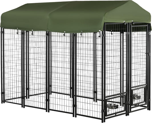 PawHut 8' x 4' x 6' Dog Kennel Outside, Welded Wire Outdoor Dog Kennel Run with 360° Rotating Bowls, Waterproof & UV Resistant Cover, for S&M&L Breeds, Chickens, Ducks, Green
