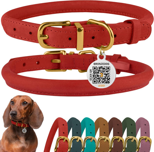 BronzeDog Rolled Leather Dog Collar with QR ID Tag, Adjustable Soft Round Collars for Small Medium Large Dogs Puppy (9" - 11" Neck Size, Classic Red)