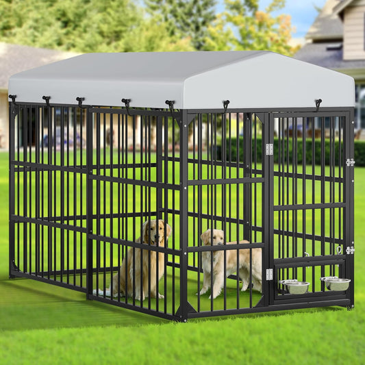 DWVO Large Outdoor Dog Kennel with Rotating Feeder Bowls, 8'L x 4'W x 5.4'H Dog Kennel Outside with Roof, Heavy Duty Dog Cage with UV-Resistant Waterproof Cover for Medium Large Dogs