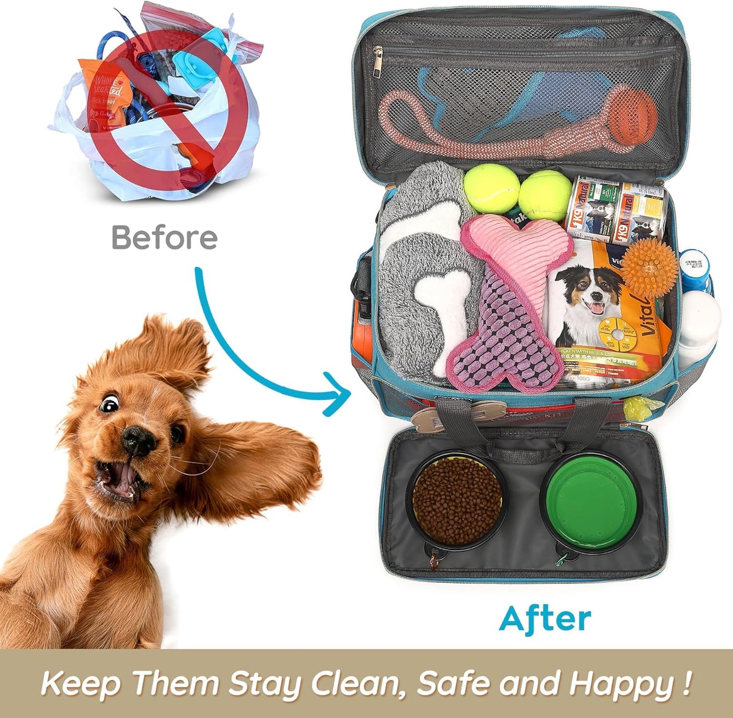 Dog Travel Bag for Traveling| Week Away/Overnight Dog Travel Accessories with Multi-Function Pockets|Pet Travel Set for Dog and Cat|Ideal Dog Diaper Bag and Dog Travel Kit(Sea Blue)