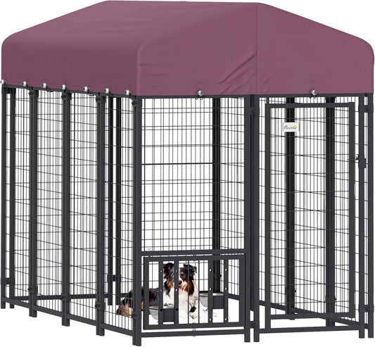 PawHut 8' x 4' x 6' Outdoor Dog Kennel, Welded Wire Dog Kennel Outside Run with 360° Rotating & 4 Level Adjustable Bowls, Waterproof & UV Resistant Cover, for S&M&L Breeds, Chickens, Ducks, Red