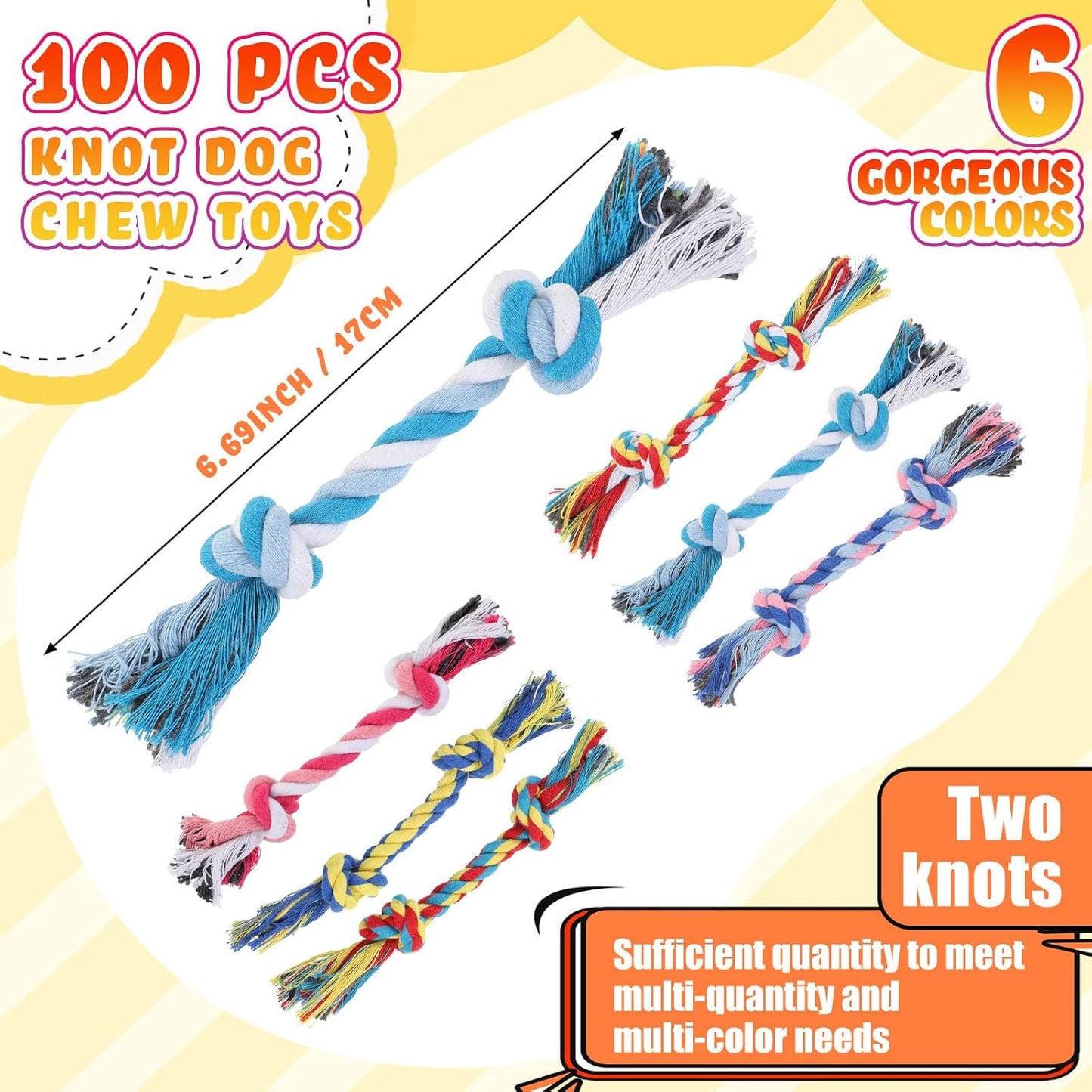 100 Pieces Knot Rope Dog Toys Multi Color Puppy Chew Toy Cotton Puppy Toys Dental Dog Teething Toys 2 Knot Dog Tug for Small and Medium Dogs Aggressive Chewers Supplies