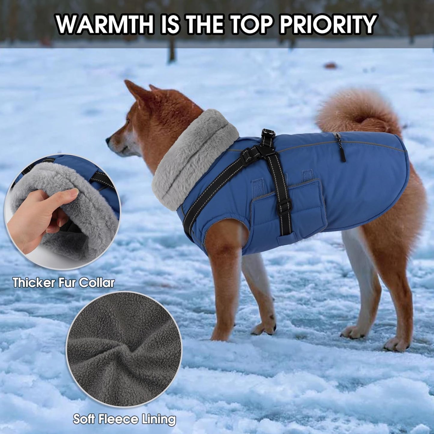 PETDSH Dog Coat Large, Built-in Harness Dog Jacket with Warm Fleece Lining, Waterproof Reflective Dogs Winter Coat, Pet Coats with Pocket and Trash Bags (Navy Blue, X-Large)