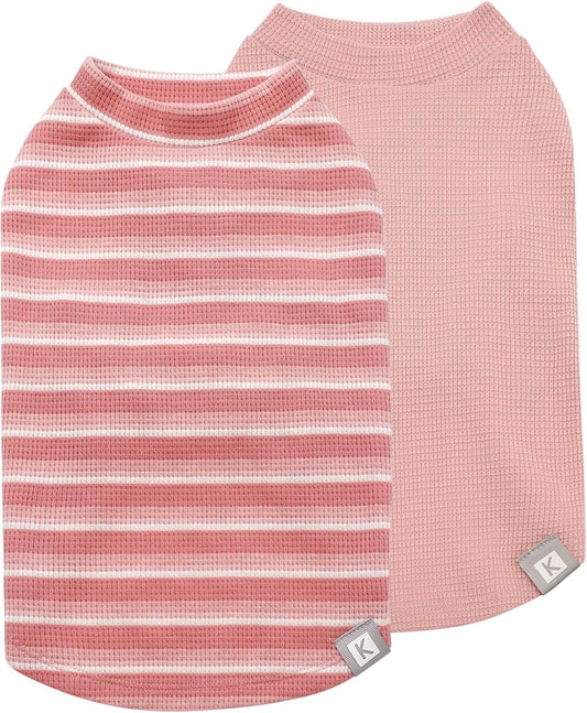 KYEESE 2Pack Waffle Dog Shirts for Small Dogs Stretchy T-Shirts Lightweight Tank Top Sleeveless Striped Vest Breathable Cat Tee, Small, Pink+Striped