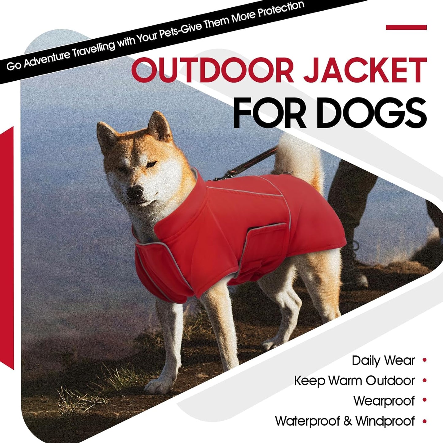 ROZKITCH Dog Rain Coat for Large Dogs, Waterproof Winter Jacket with Fleece Liner and Leash Hole Reflective Strip for Large Dog, Adjustable Hook & Loops Vest for Outdoor Hiking Travel Red 2XL