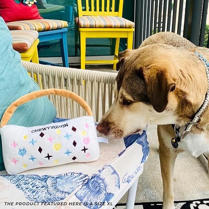 Haute Diggity Dog White Chewy Vuiton Handbag, Plush Designer Dog Toys with Interactive Squeaker, Stimulating Pet Enrichment, Machine-Washable & Safe Materials for All Breeds, Size XL