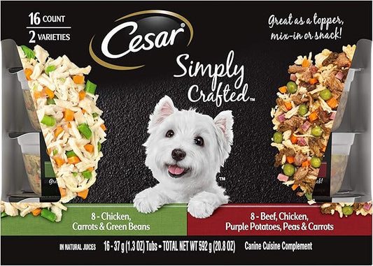 Cesar Simply Crafted Adult Wet Dog Food Meal Topper, Chicken, Carrots & Green Beans and Beef, Chicken, Purple Potatoes, Peas & Carrots Variety Pack, 1.3 oz. (16 Count, Pack of 1)