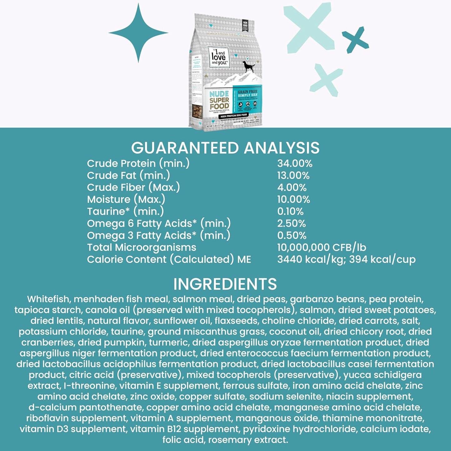 I AND LOVE AND YOU Nude Super Food Dry Dog Food - Salmon + Whitefish - Prebiotic + Probiotic, Grain Free, Real Meat, No Fillers, 23lb Bag