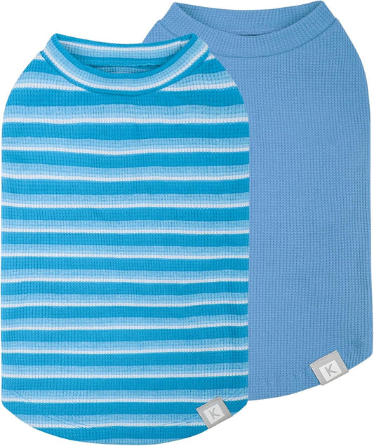KYEESE 2Pack Waffle Dog Shirts for Small Dogs Stretchy T-Shirts Lightweight Tank Top Sleeveless Striped Vest Breathable Cat Tee, Medium, Blue+Striped